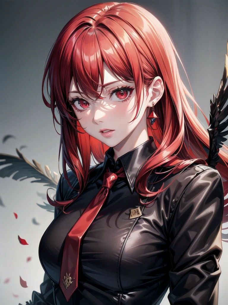 Redhead, bangs, Red eyes, Black gloves, Formal suit, tie, Jacket, pants, absurdres, RAW photo, extremely delicate and beautiful, masterpiece, Best Quality, ultra high resolution, 32k, hyperrealistic, ultra-detailed, detailed description, pale skin, 20 years old, tearful mole, earring, short medium hair, wavy hair, whole body shot,