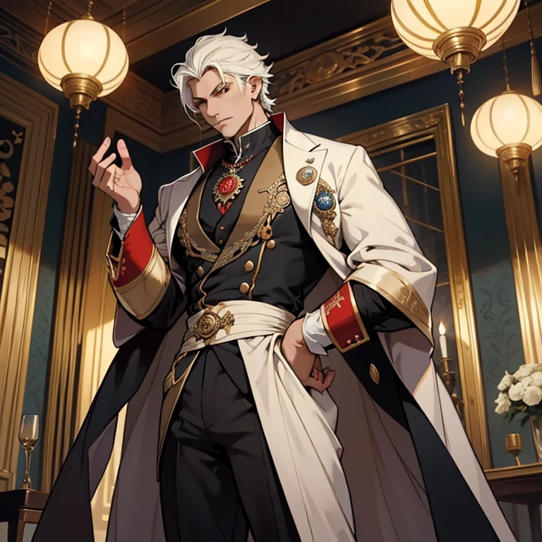 A figure of grandeur and sophistication emerges, reminiscent of Kenjaku, clad in an exquisite and timeless ensemble, harking back to the opulence of the 18th century European nobility. With every intricate stitch and refined detail, his attire seamlessly showcases a blend of elegance and power, accentuating his commanding stature, chiseled physique, and striking facial features. His cool and enigmatic expression, coupled with his captivating handsomeness, is further accentuated by his regal posture as he contemplates the boundless energy radiating from mystical, oriental trinkets, scattered across a prist