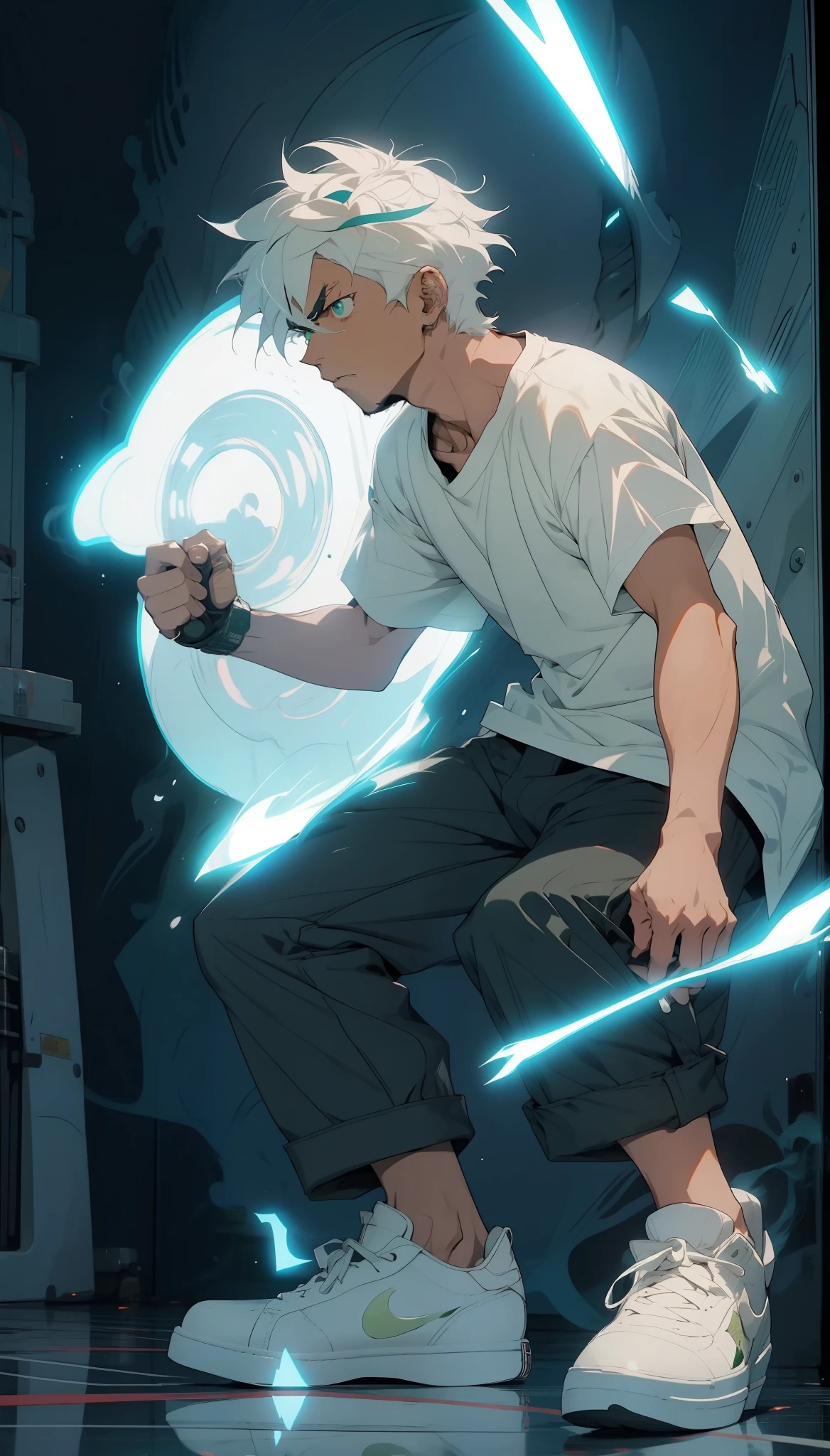 adolescent with green eyes and white hair, dressed in a white t-shirt, white shoes, facing an intense action movie scene. His hair is moving upwards, and green lightning is crackling around him, serious face, dynamic composition, sharp focus, dramatic lighting. abasterpiece)), ((best quality)), ultra detailed,((illustration)), dynamic angle, detailed light, (delicate eyes), (ahoge:0.8),apathy, ray,frontage,style of anime4 k, 4k anime wallpaper, badass anime 8 k, 4 k comic wallpaper