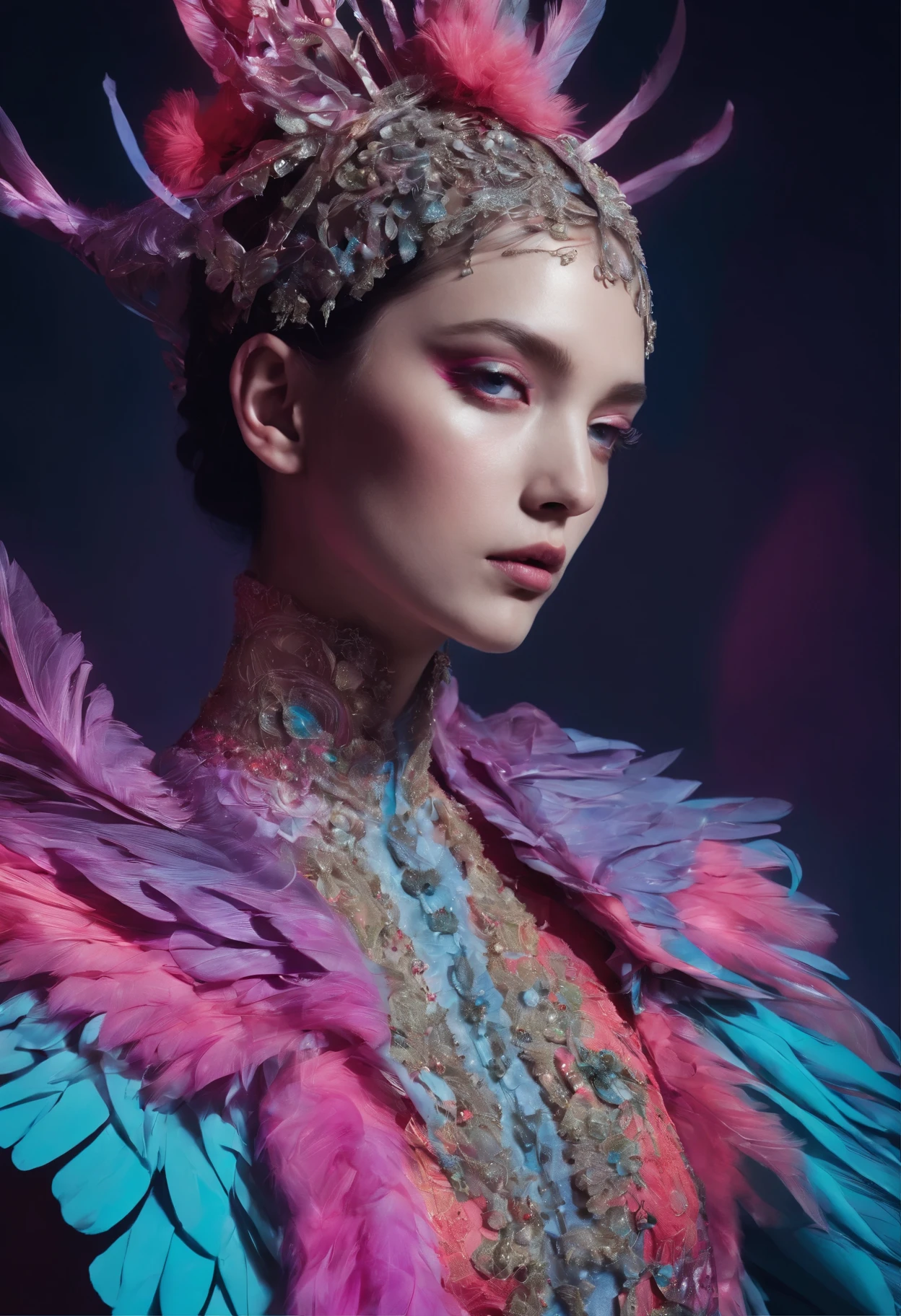 In a strikingly evocative composition, a mythopoeic creature, bathed in neon lights and adorned in high fashion, resonates with an otherworldly vibrancy. This captivating image, captured in a lomographic photograph, showcases a resplendent being that exudes an intoxicating blend of enchantment and fashion-forward elegance. Every nuanced detail is meticulously highlighted, from the exquisite embellishments on the creature's intricate attire to the mesmerizing neon glow that seems to pulsate with a life of its own. The image radiates a sense of artistic mastery, serving as a testament to the skilled craftsmanship and impeccable vision of the photographer.