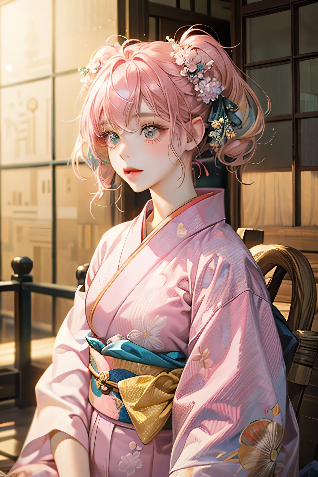 Best Quality,Girl in yukata,Pink Hair,Twin tails