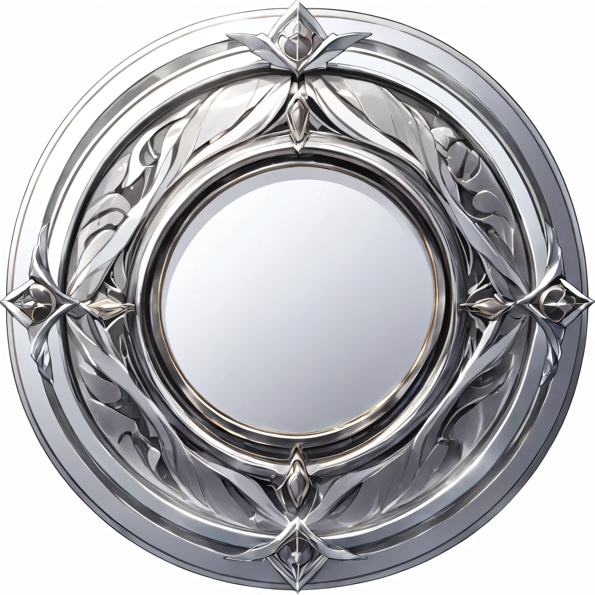 masterpiece, best quality, official art, perfectly symmetrical circle icon for card game that has a detailed outer metal frame. Metal frame is thin and silver in color. The circle is simple and lacks any details. The inner circle softly glows white and has gusts of wind coming from it in a circular motion, white background, 8k, anime-inspired style, no people, no weapons, no humans, chrome metal material, no robots, no logo