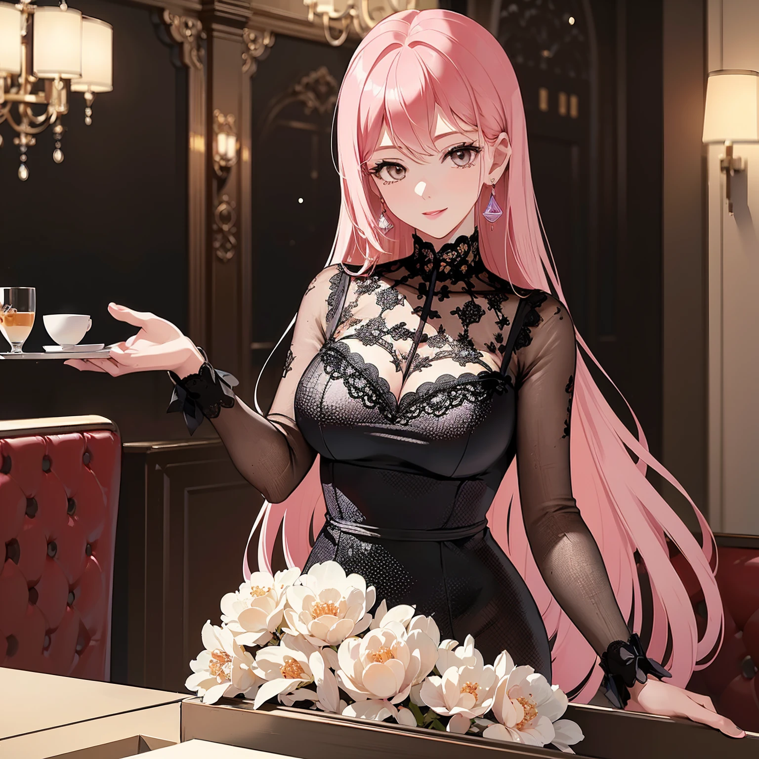 (masterpiece, high quality, 4k:1.4), 1girl, solo, pink hair, brown eyes, double-parted bangs, long hair, (mature female, mature:1.2), mole under eye, earrings, elegant black lace dress, close up, night time, bar, cafe, indoors, restaurant, smile, flowy hair