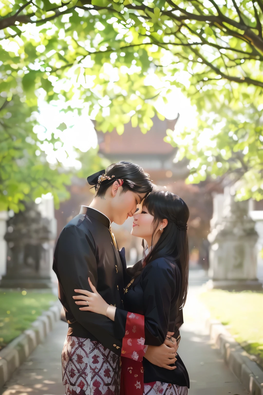there is a man and woman standing together in a park, lovely couple, couple, happy couple, ao dai, taken with canon 8 0 d, happy, boy girl traditional romance, taken with canon eos 5 d mark iv, portrait shot, taken with canon eos 5 d, kissing together cutely, cutest, miko, photo taken with nikon d750