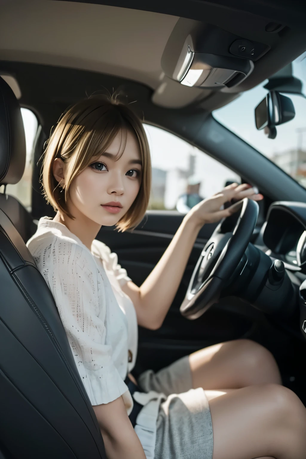 Blonde Hair:1.3, Driving a car:1.2, Medium Bob
