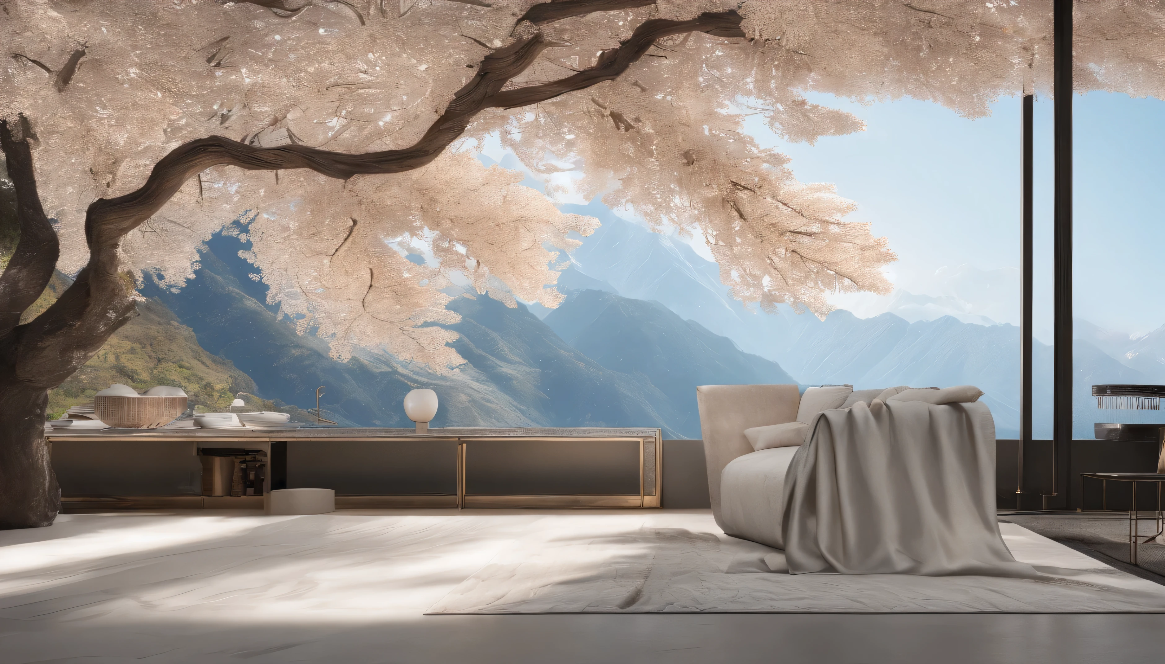 Laurel branches,Shot at a 15-degree elevation angle,Suitable for close-to-medium shooting,petals,Osmanthus flowers flying,Top daylight,Refreshing style,Snowy mountains in the distance,Ultra-clear image quality