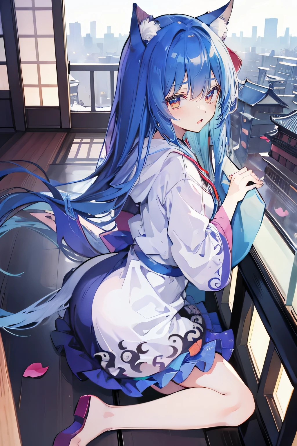 （masterpiece：1.2），Super detailed，lifelike，Expressive eyes，fair skin，perfect face shape，1 girl，
Japanese comics,Gorgeous blue hair,flowing blue hair,flowing clothes,Cat ears,Petals fall,beautiful lola,Baby Angel,
Cross your legs，Gentle and peaceful background，The pavilion is cool and comfortable,smile, wearing hoodie, background of tokyo,back views,snowing, winter.