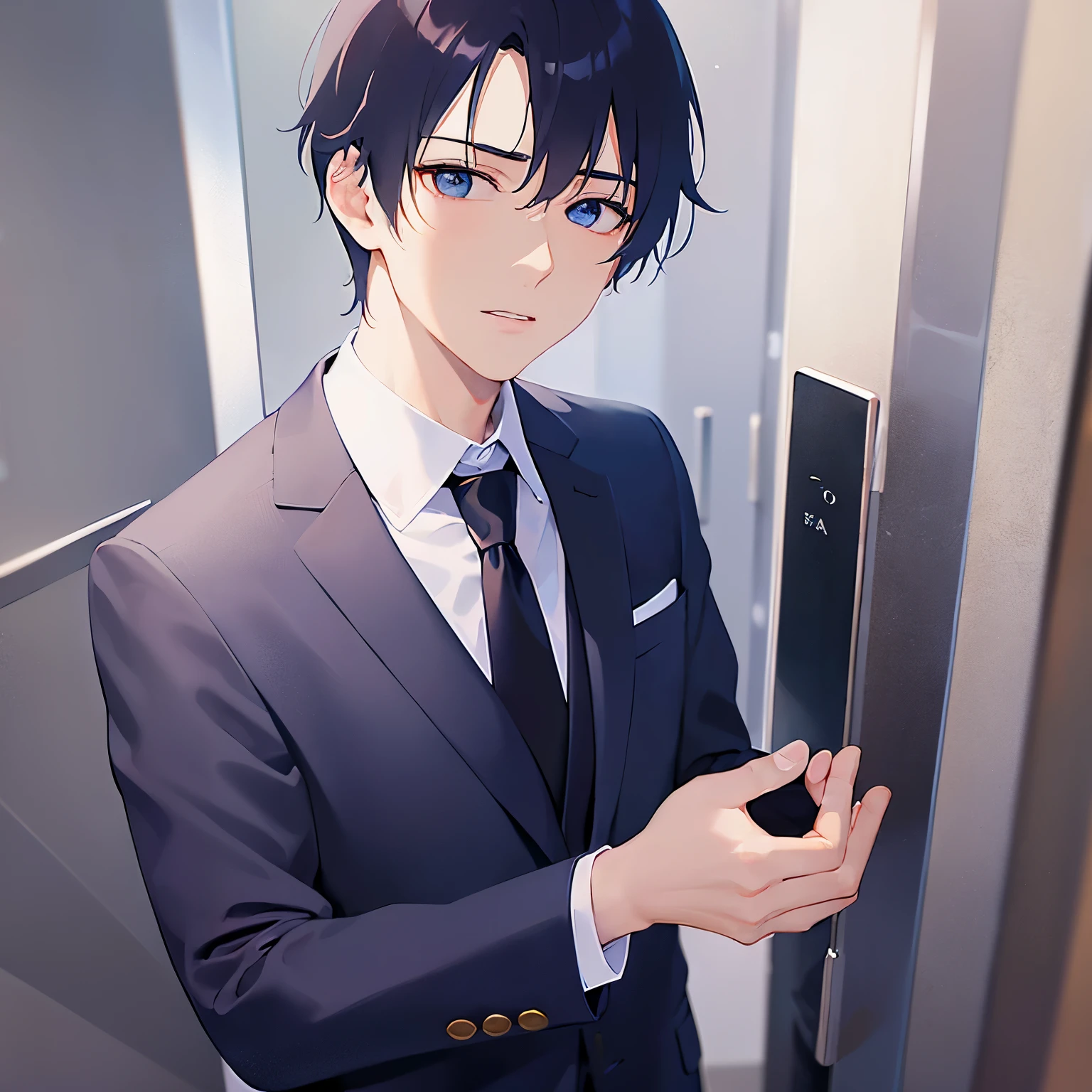 scratching head、close up of your face、Biologically correct five fingers、shiny skin, masterpiece、highest quality、(25-year-old male:1.5) and (Black short hair) and (blue eyes), (Wearing a suit:1.5) and (Blue tie)、Are standing、(Confused expression:1.3)、open mouth, The background is an office hallway、(Alone:1.5)