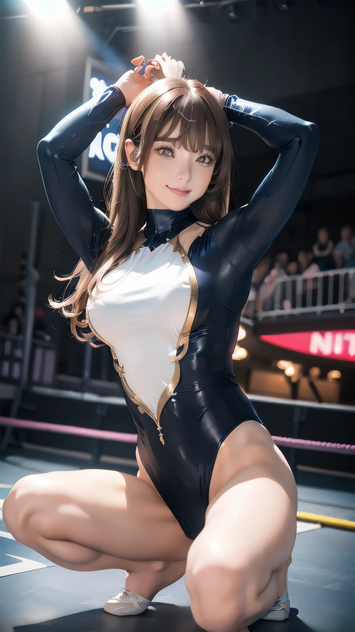 woman:1 person, ((Highly detailed skin), Beautiful realistic face, White skin, Pointed Chest, Erect nipples, Perfect Anatomy, Realistic eyes, Natural Eyes, Brown Eyes, Accurate eye focus, Accurate limbs), (Hyper Realist, Ultra-realistic, 4k, Attention to detail, Ultra-high resolution, highest quality, masterpiece, Presence, dynamic, bold, Sharpness), (Thinning hair:2), (Soft Hair:2), (Straight hair:1.5), Long, slicked bangs, Very light coppery amber hair, Hair on one eye, Twin tail hair, (Female gymnast, Detailed costume, Wearing a long sleeve leotard:1.5), Shiny long sleeve leotard, Gold long sleeve leotard, SilverLong Sleeve Leotard, Metallic colors long sleeve leotard, Racing long sleeve leotard, Gymnastics Long Sleeve Leotard, High leg long sleeve leotard, Long sleeve leotard with crystals, ({Pink| Gold| silver| Wine Red| Navy| Purple color| Metallic colors|}Long sleeve leotard colors), Big Breasts:1.2, Tall, Long, slender limbs, Crouch down, M-shaped split, (Squat:1.2), Squat with your legs wide apart, Spread your legs, The long-sleeved leotard is digging into her butt, barefoot, Looking into the camera, smile, (Gymnastics Venue:1.3), Nikon, Canon,