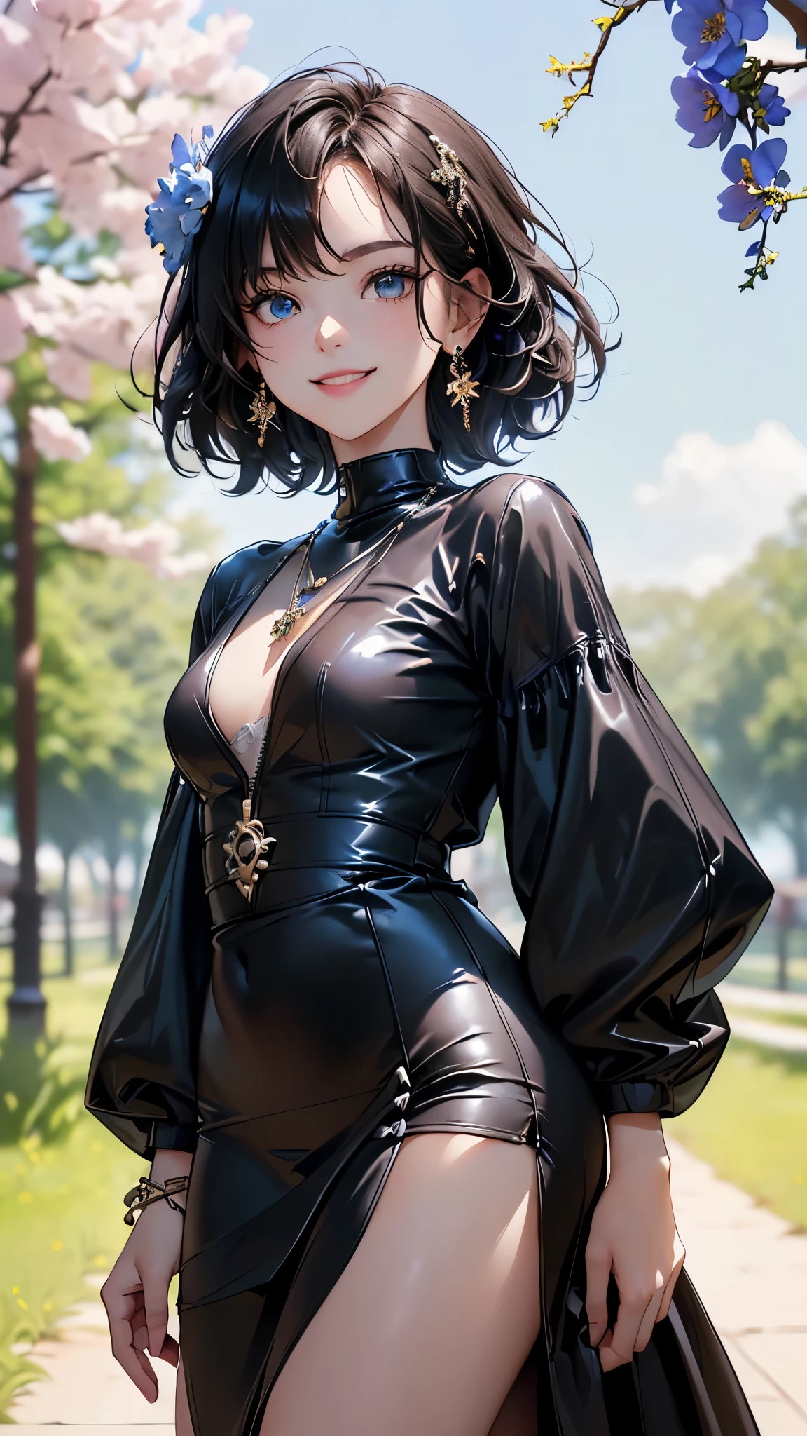 ((Biologically correct limb count))、((Full Body Shot, Full-body photo including face、Head to toe photos))、4K、masterpiece、((Focus on the face))、((Symmetrical facial features))、Eyes of meticulous depiction、Beautiful woman、Excellent style、Beautiful feet、(Black Stockings、High heels with anklets)、Detailed depiction of the face、Small earrings、necklace、((Close-up photo of the upper body))、(Latex jacket、shirt、Latex skirt)、Park scenery with seasonal blue flowers in full bloom、Low - Angle、(smile)、