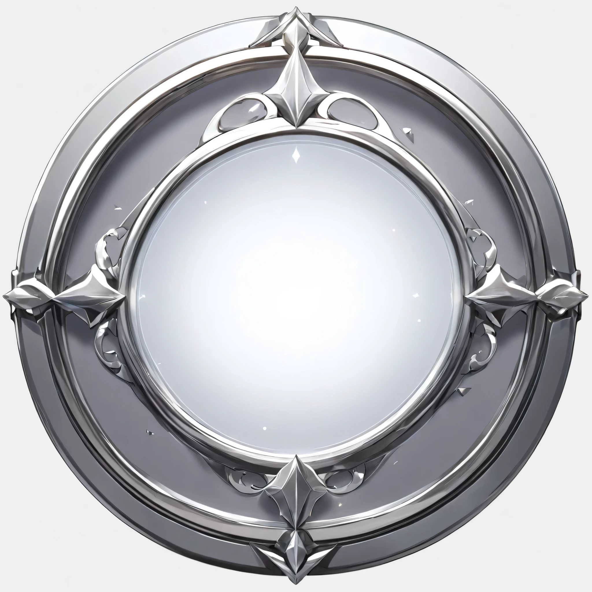 masterpiece, best quality, official art, perfectly symmetrical circle icon for card game that has a detailed outer metal frame. Metal frame is thin and silver in color. The circle is simple and lacks any details. The inner circle softly glows white and has gusts of wind coming from it, white background, 8k, anime-inspired style, no people, no weapons, no humans, chrome metal material, no robots, no logo
