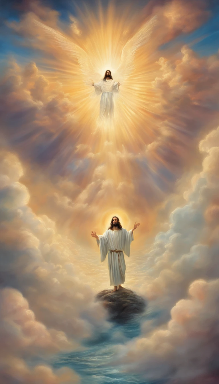 Jesus Cristo voando sobre as nuvens passando por Deus e seus anjos com armaduras Angelicais 