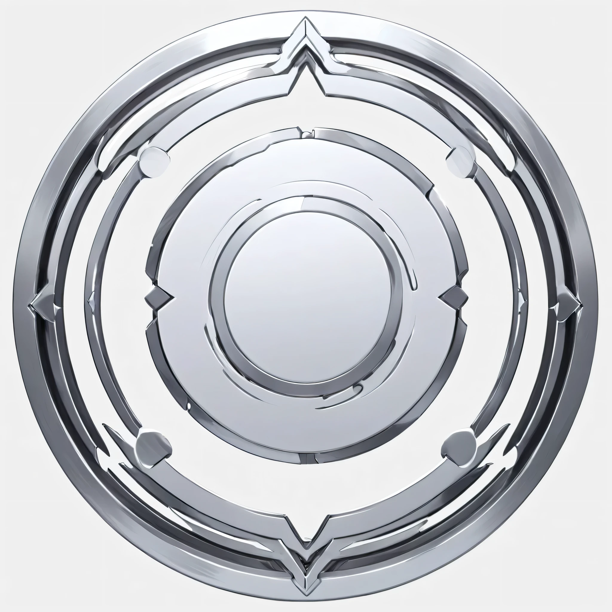 masterpiece, best quality, official art, perfectly symmetrical circle icon for card game that has a detailed outer metal frame. Metal frame is thin and silver in color. The circle is simple and lacks any details. The inner circle softly glows white and has gusts of wind coming from it, white background, 8k, anime-inspired style, no people, no weapons, no humans, chrome metal material, no robots, no logo