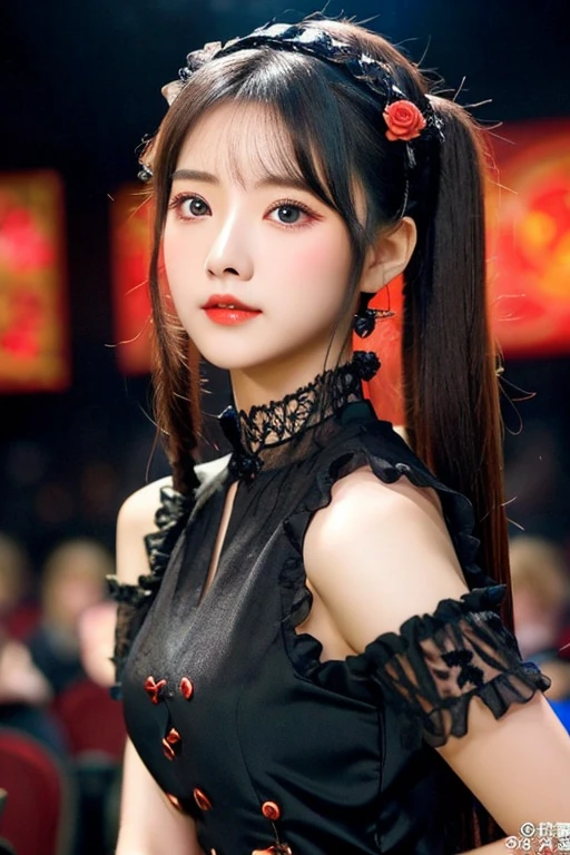 Close-up of a cartoon character holding a sword in front of a dragon,(Looking at the audience:1.4)、Red Gothic ta、cap、,(Face focus),rest,、Beautiful woman、Tragic、beautiful eyes、Black eyes、Industrial Landscape、Blonde、twin-tail hair、Dark black eyeshadow、Good skin luster、particle、Rose petal、(((fine))) Hollow tights, High quality details, flowing, Dynamic, (1 female), Bright Eyes, Flushed, Beautiful front and back, Silk texture,Taiwanese girl 18 years old beautiful appearance，Cute little cloud monster