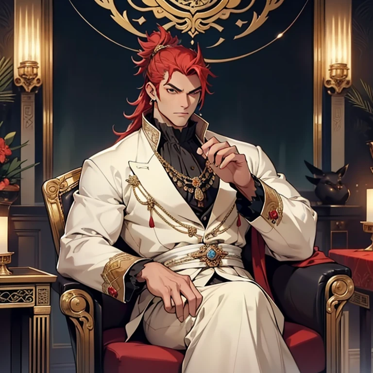 A majestic figure of grandeur and sophistication unfolds, evoking the essence of Kenjaku, adorned in an exquisite and timeless ensemble that mirrors the opulence of the 18th century European noblemen. Each intricate stitch and refined detail harmoniously presents an amalgamation of elegance and authority, emphasizing his imposing stature, sculpted physique, and striking features. His cool and enigmatic expression, complemented by his captivating handsomeness, is further accentuated by his regal posture, as he ponders the boundless energy emanating from mystical, oriental relics, scattered across a pristine