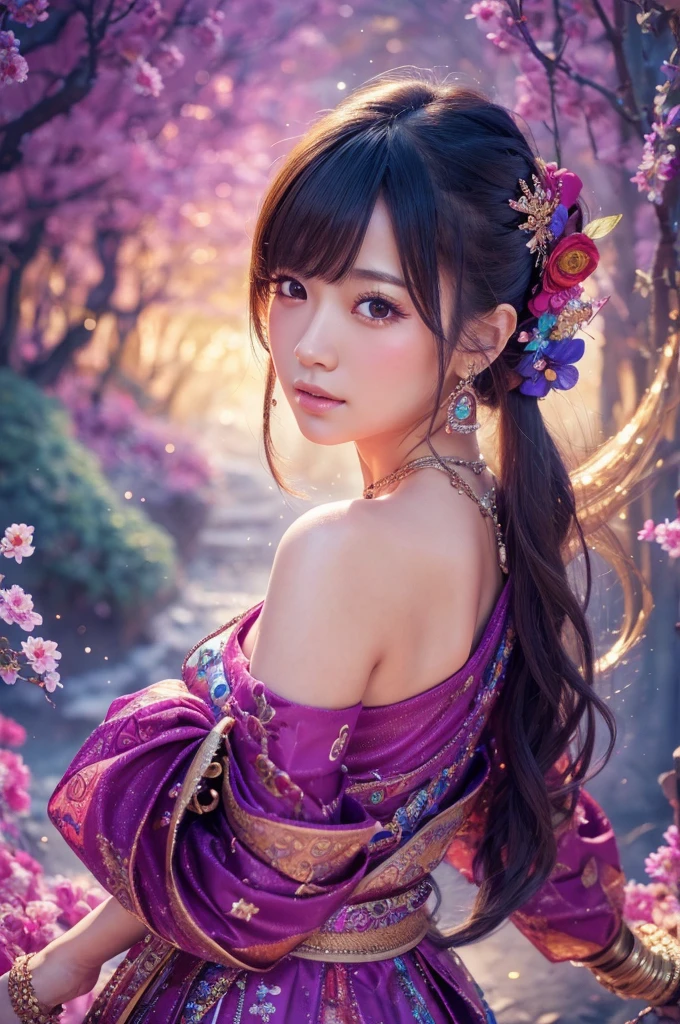 best quality, 8k, highly detailed face and skin texture, high resolution, sexy japanese girl in colorful dress, fantastic style background image, magical style, sharp focus