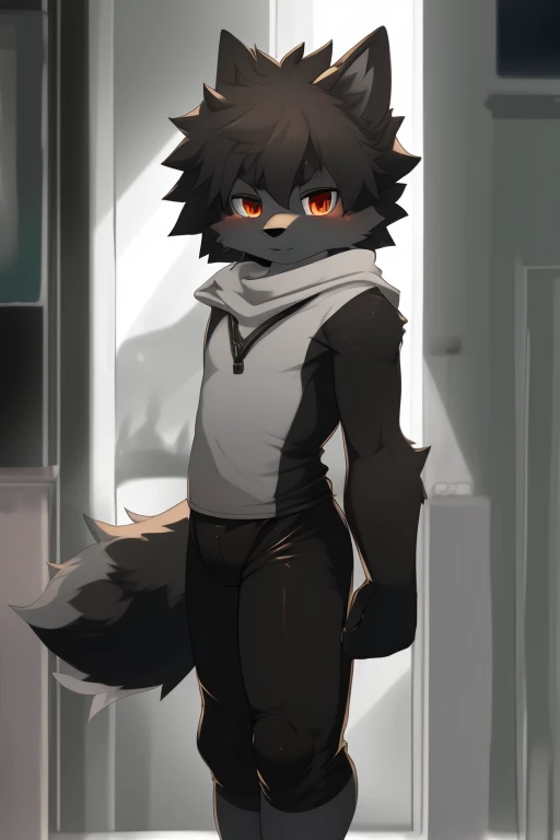 Furry wolf,((Shota)), black spandex tights, solo, standing 
