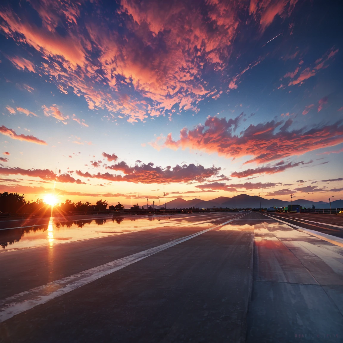 Lying on the runway, I could see the end of the earth.、From a super low angle, the runway appears to be connected to the open sky、The gradation of the sunset sky is beautiful、Breathtaking sights、A sight that will take your breath away、((masterpiece、super highest quality、Realistic、real photo style))、The backlight is beautiful