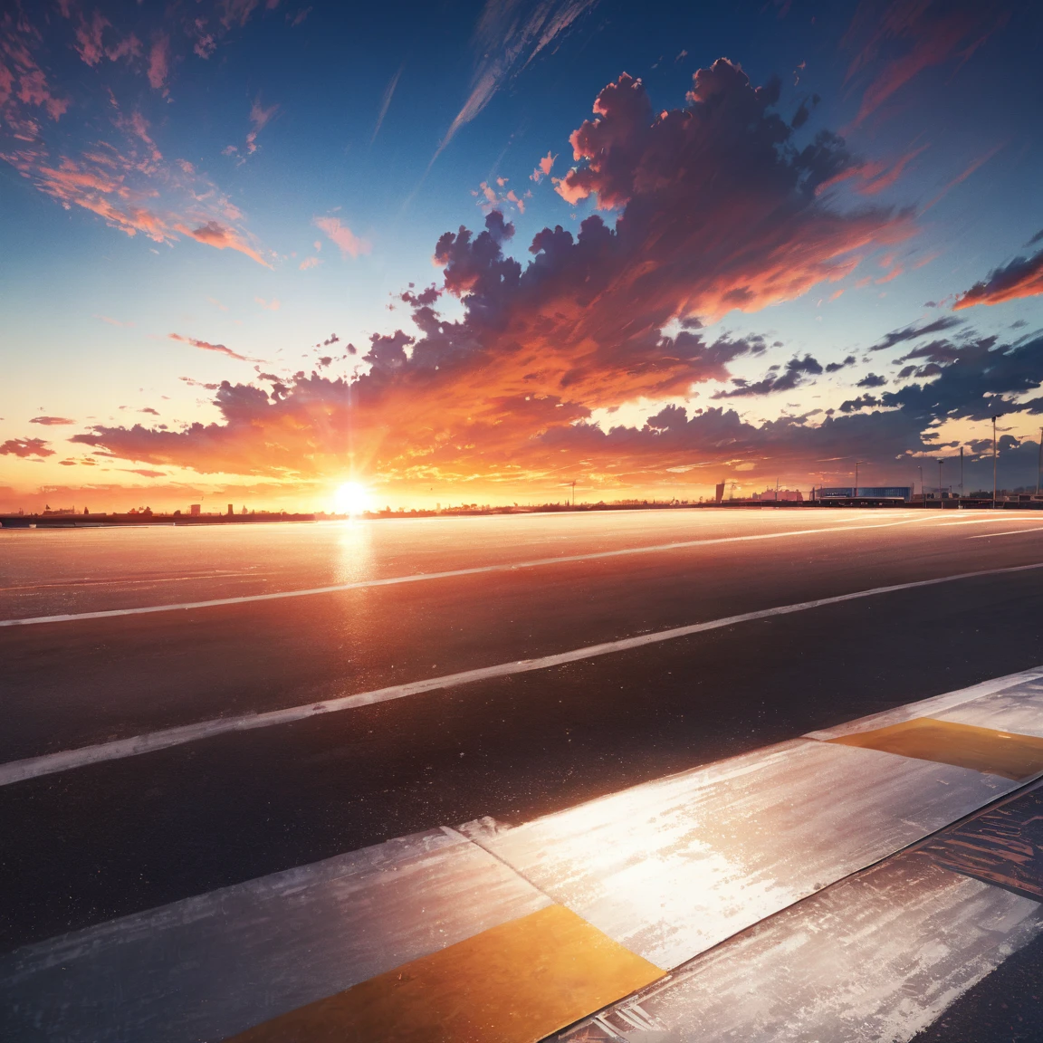 Lying on the runway, I could see the end of the earth.、From a super low angle, the runway appears to be connected to the open sky、The gradation of the sunset sky is beautiful、Breathtaking sights、A sight that will take your breath away、((masterpiece、super highest quality、Realistic、real photo style))、The backlight is beautiful