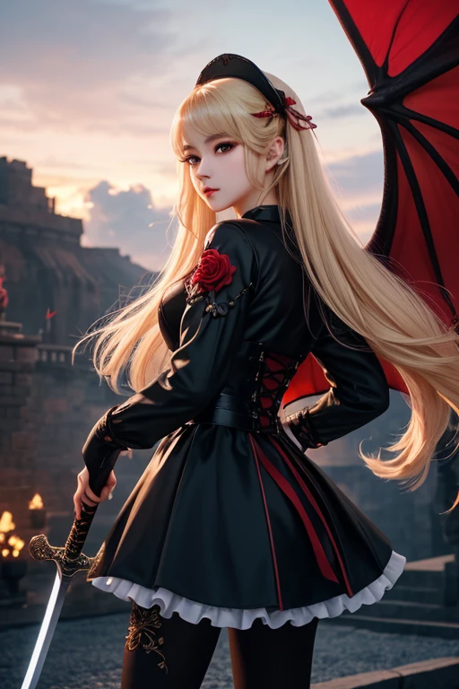 Close-up of a cartoon character holding a sword in front of a dragon,(Looking at the audience:1.4)、Red Gothic Lolita、cap、,(Face focus),rest,、Beautiful woman、Tragic、beautiful eyes、Black eyes、Industrial Landscape、Blonde、twin-tail hair、Dark black eyeshadow、Good skin luster、particle、Rose petal、(((fine))) Hollow tights, High quality details, flowing, Dynamic, (1 female), Bright Eyes, Flushed, Beautiful front and back, Silk texture,Taiwanese girl 18 years old beautiful appearance,Cute little cloud monster