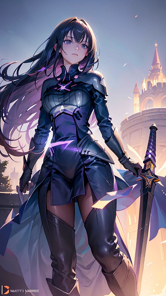 masterpiece, best quality, anime girl, outstading and shiny armor, high detailed, imponence position, energizing sword, medium dark hair, purple eyes, view from below, background of blury castle, god-ish lights, glowing aura, dusty wind from floor, realistic ilumination.