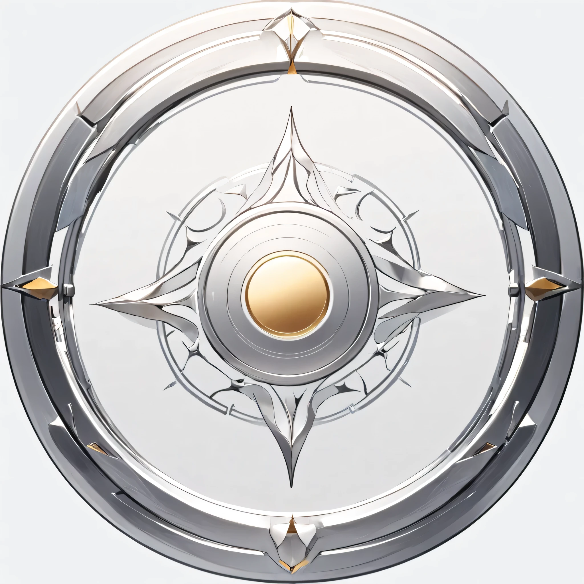 masterpiece, best quality, official art, perfectly symmetrical circle icon for card game that has a detailed outer metal frame. Perfect circle. Outer metal frame is thin and silver in color. The inner circle is simple and lacks any details. The inner circle softly glows white and has gusts of wind coming from it in a circular motion, white background, 8k, anime-inspired style, no people, no weapons, no humans, chrome metal material, no robots, no logo