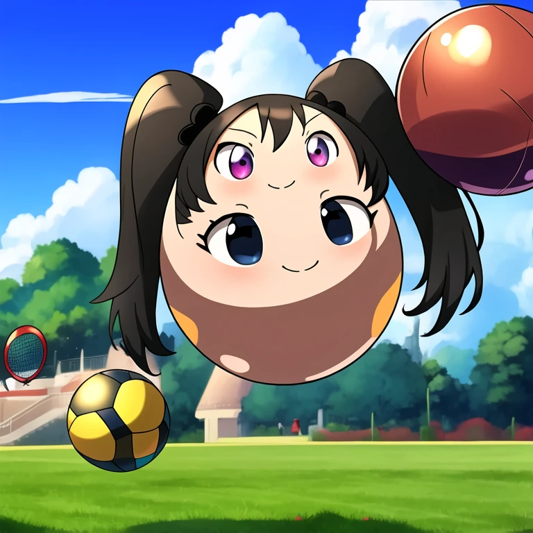 masterpiece, best quality, absurdres, ball, no_humans, twintails, smile, sky