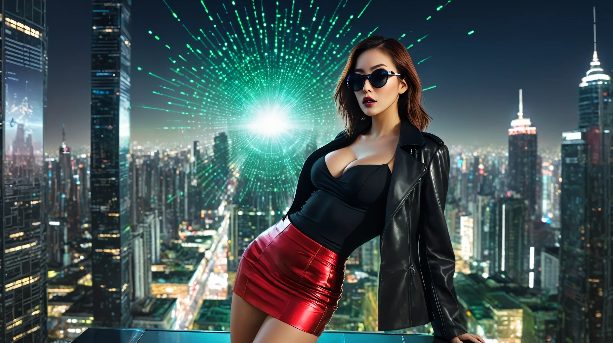 matrix style, a sexy woman, rooftop of a tall building at night, (((holding a black pet))), a futuristic digital radial hologram background. (((glowing matrix code cascading from the top of the screen))), sky bridge, (((((giant hologram 3D display unit))))), (((((futuristic spacecraft in distance))))). (((((1girl, solo))))), photo realistic, (((large-breast:1.4 slim body, cleavage))), (((tube top, extreamly short red miniskirt exposing panty, black coat))), (((dynamic pose, random color clothes, black sunglasses, (holding a short gun), looking down at city street, facing camera))), (((((high angle view))))), (((((half-body thigh level medium shot))))), (((cinematic lighting))), blurred dark background.