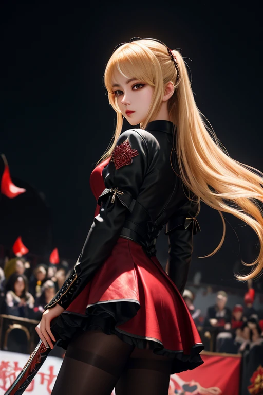 Close-up of a cartoon character holding a sword in front of a dragon,(Looking at the audience:1.4)、Red Gothic Lolita、cap、,(Face focus),rest,、Beautiful woman、Tragic、beautiful eyes、Black eyes、Industrial Landscape、Blonde、twin-tail hair、Dark black eyeshadow、Good skin luster、particle、Rose petal、(((fine))) Hollow tights, High quality details, flowing, Dynamic, (1 female), Bright Eyes, Flushed, Beautiful front and back, Silk texture,Taiwanese girl 18 years old beautiful appearance