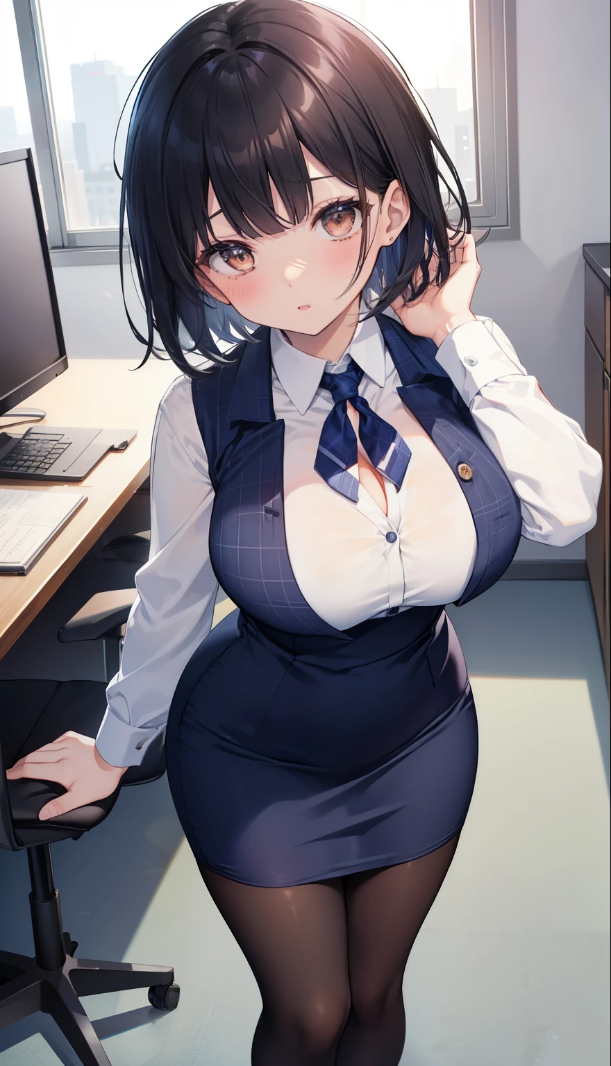 highest quality, Flying debris、Beautiful woman、officeレディー、Black Hair、(Brown eyes、Big Breasts、Blunt bangs)、short hair、チェック柄のダークブルーのofficeスーツ)、new employee,Full Body Shot、Female office lady、break(Dark blue checked vest、White dress shirt、Navy blue mini tight pencil skirt:1.2)、(Black Pantyhose、garter belt、High heels)、break(office:1.3)、Cleavage、Shirt buttons fly off、Absolute area、Blushing、Embarrassed、Standing posture、Open your mouth