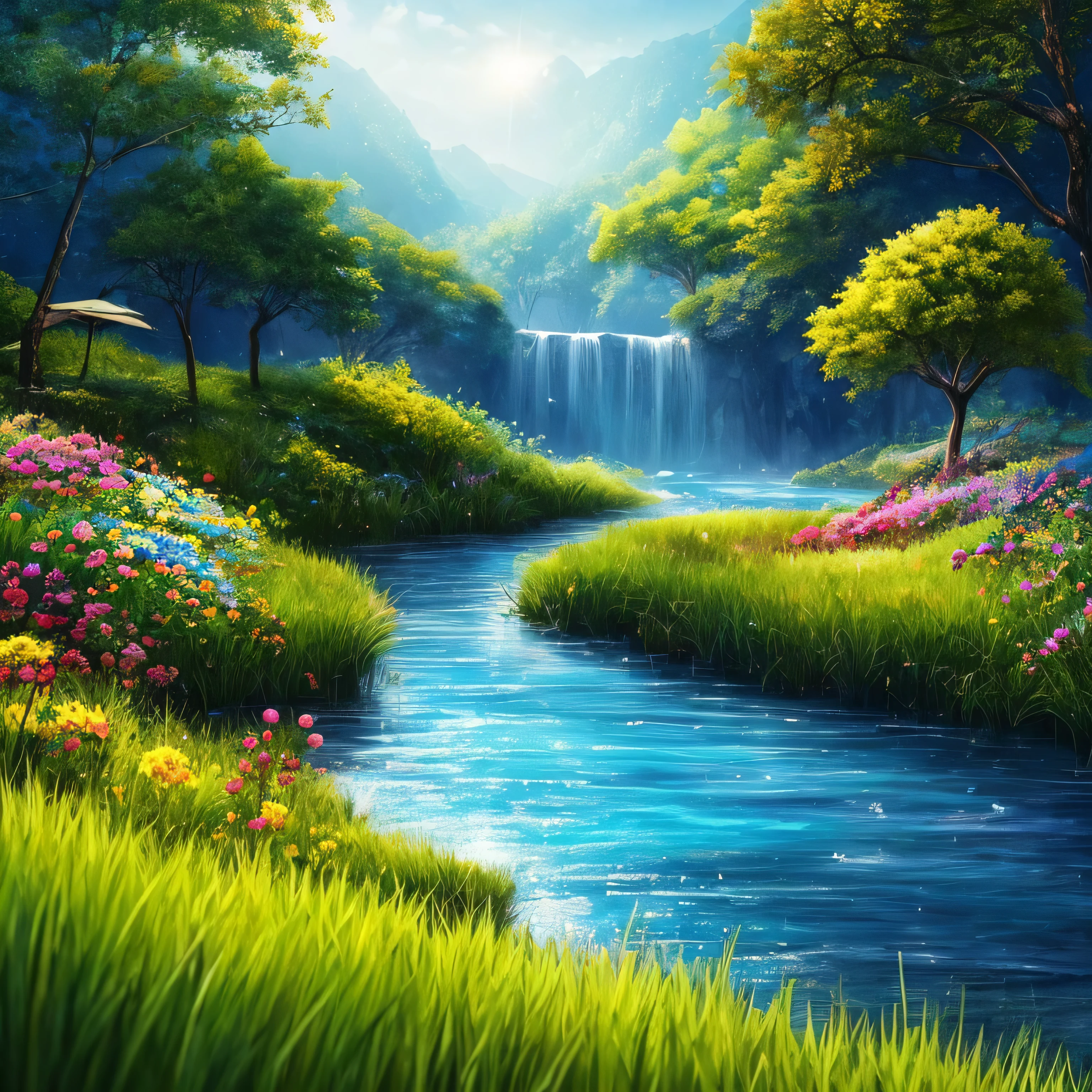 masterpiece, 最high quality, high quality, Very detailed CG unity 8k wallpaper, Vibrant colors、rain、rain、rain、an extremely colorful and pure fantasy environment, bright green grass landscape, colorful trees々々, Shining Fruit, Bright blue flowers. The color of the river is deep blue, The air is filled with sweet exotic scents. The environment is like a dream,  Award-winning photography, Bokeh, Written boundary depth, High resolution, bloom, chromatic aberration ,Realistic,Very detailed, Trending on Art Station, CGSociety Trends, Complex, Attention to detail, dramatic, art：The middle of a journey 
