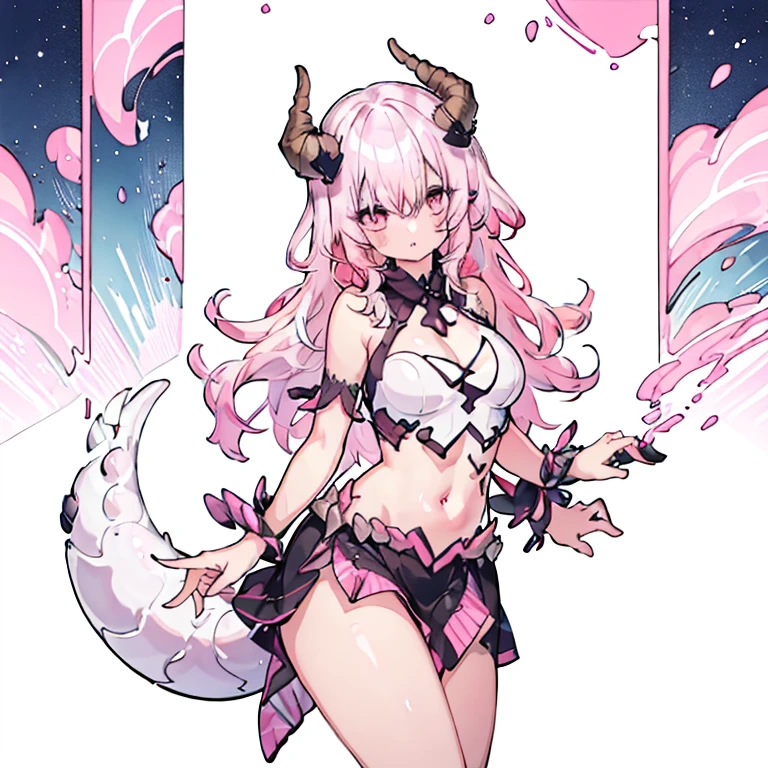 (1girl:1.5), solo, midriff, dragonian_horns, dragonian_tail, white and pink hair, big curly horns, white scales, half-scaly arms, half-scaly face, half-scaly legs, dress