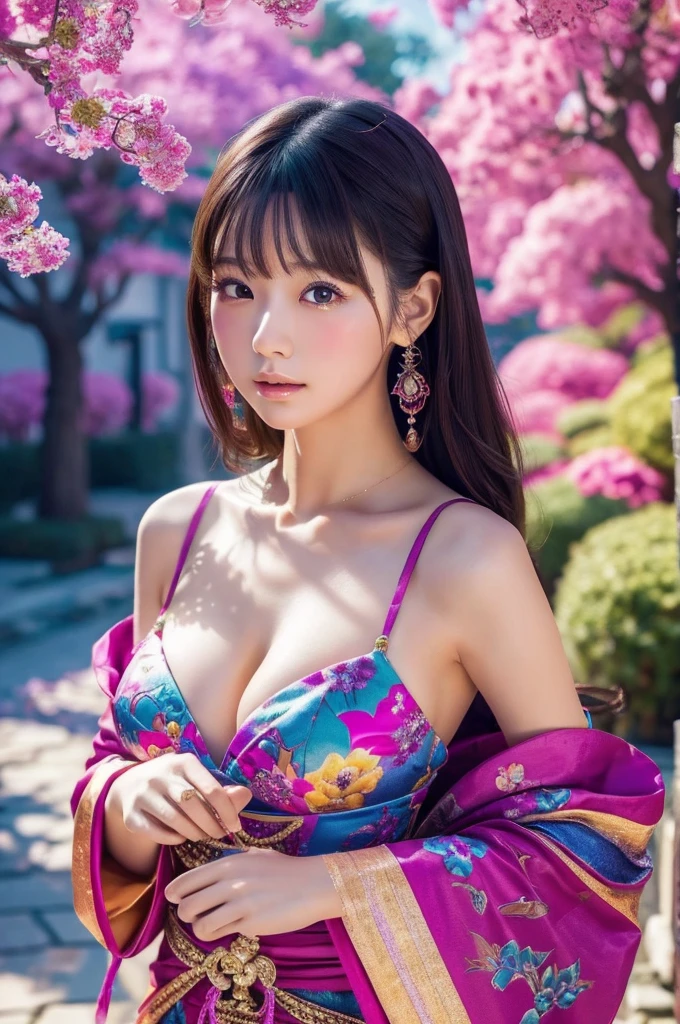 best quality, 8k, highly detailed face and skin texture, high resolution, sexy japanese girl in colorful dress, fantastic style background image, magical style, sharp focus