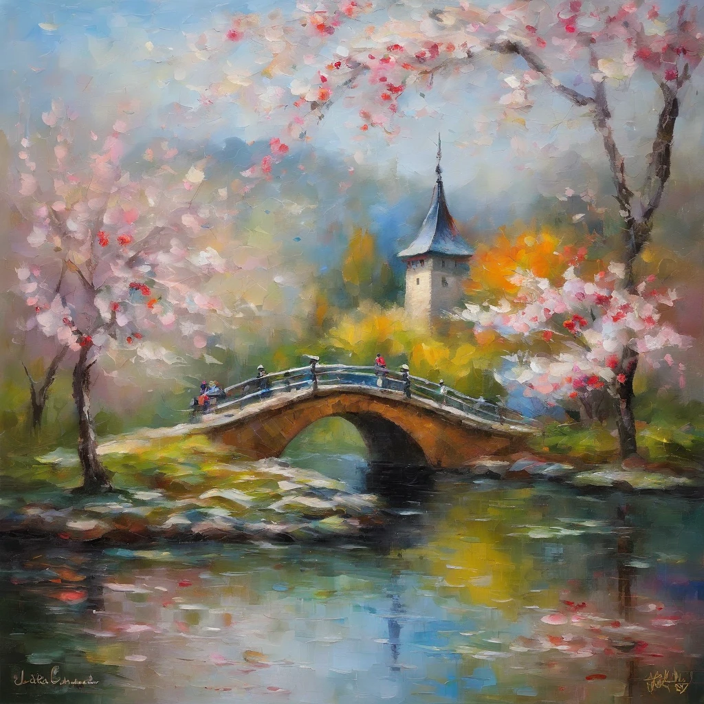 A girl who painted a picture in the style of Claude Monet、Explore a Japanese castle set in a tranquil and beautiful garden、The girl is wearing a traditional kimono delicately decorated with cherry blossoms.、Her eyes are beautifully detailed.、Her long eyelashes capture her curiosity and amazement as she surveys the castle.、The garden is full of vibrant colours and textures.、Many cherry blossoms blooming、It creates a fascinating view、The castle stands tall、Intricate architectural details and exquisite craftsmanship、The sunlight shines softly through the branches.、Gives off a warm and magical glow to the surroundings、The brushwork captures the essence of Monet's impressionist style.、The whole painting exudes a sense of serenity and harmony.、Focus on soft pastel colors and subtle gradations、Available in vibrant and vivid colors、The paintings are of the highest quality、Features highly detailed elements and a photorealistic feel、A masterpiece that combines the beauty of Japanese culture with the artistic vision of Claude Monet.、