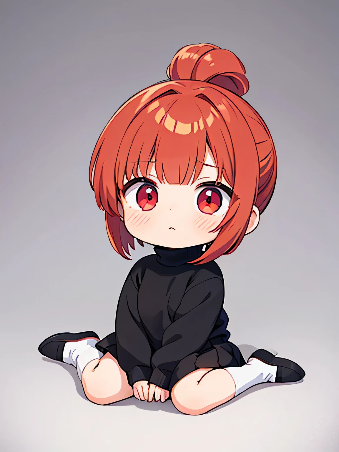 best quality,detailed,1 female, teenagers,(ash copper hair),(((single chignon hairstyle))) , ahoge , oversized white sweatshirts on tight black turtleneck inner wear , short length black skirts , gray sneaker , white ankle socks , slender body style,(facing the front),((cheeks turn red)),((shy expression)),((( chibi character ))), full body,toes,from front,deep red eyes , (((The bangs are even))) , solid color white background , sitting on the floor , wariza