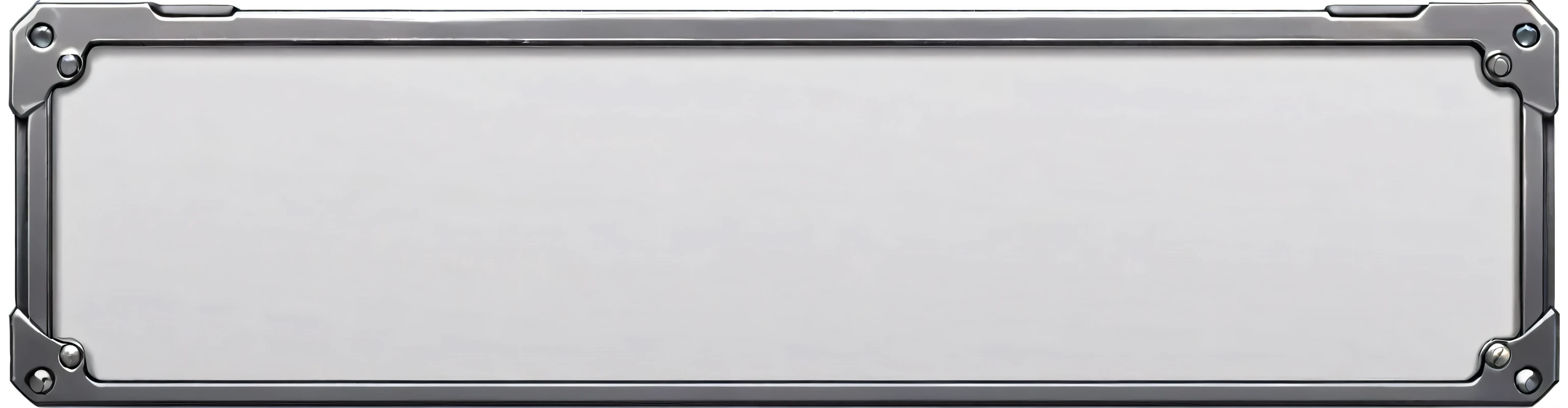 masterpiece, best quality, official art, 2D rectangle name plate for card game that has a very thin simple outer metal frame. The name plate should be very plain and sinple. The inside of the rectangle is a light grey and simple with no intricate details or designs to allow for the card name to be written. The inside of the rectangle is blank. The rectangle is wide enough to allow a name to be written but it's length is short. Outer metal frame is thin and silver in color. The outer metal frame is not overly elaborate, it shouldnt be too fancy. White background, 8k, anime-inspired style, no people, no weapons, no humans, chrome metal material, no robots, no logo, not 3D.