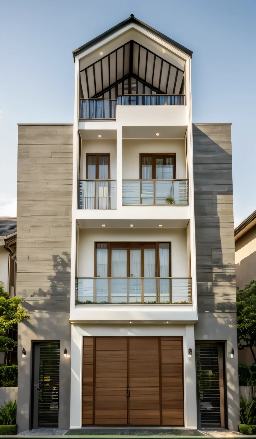 Exterior of house, mordern material decorations, (canopy in front of house:1.4), (a road in front of house:1.3), tree, sky, cloud, morning weather.