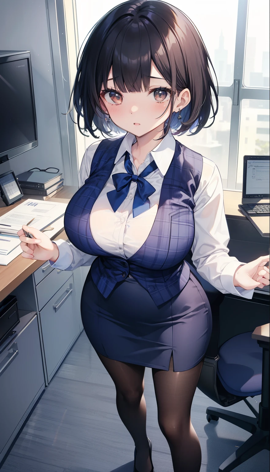 highest quality, Flying debris、Beautiful woman、officeレディー、Black Hair、(Brown eyes、Big Breasts、Blunt bangs)、short hair、チェック柄のダークブルーのofficeスーツ)、new employee,Full Body Shot、Female office lady、break(Dark blue checked vest、White dress shirt、Navy blue mini tight pencil skirt:1.2)、(Black Pantyhose、garter belt、High heels)、break(office:1.3)、Cleavage、Shirt buttons fly off、Absolute area、Blushing、Embarrassed、Standing posture、Open your mouth