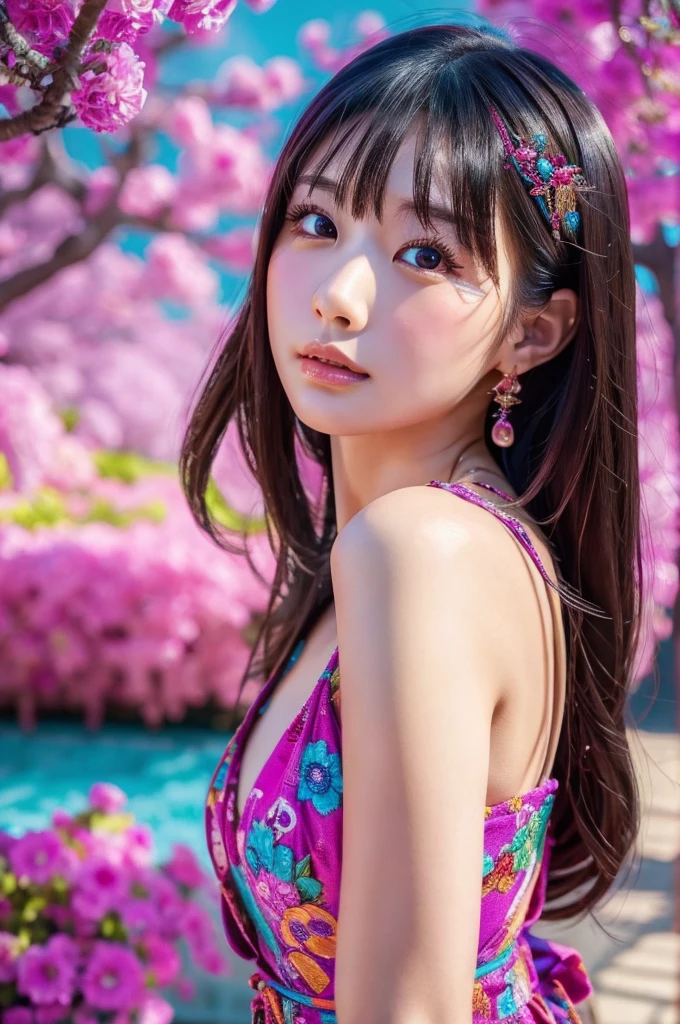 best quality, 8k, highly detailed face and skin texture, high resolution, sexy japanese girl in colorful dress, fantastic style background image, magical style, sharp focus