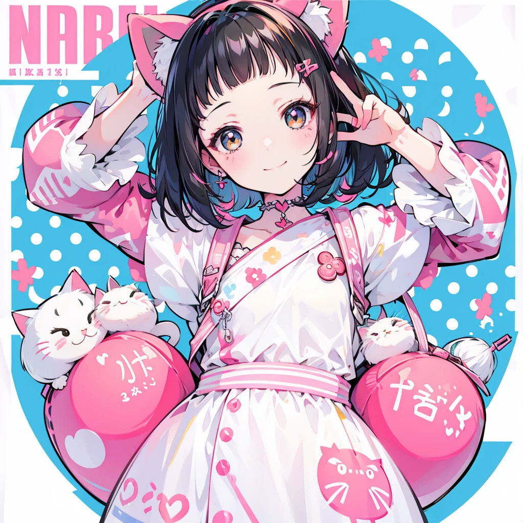 Girly girl, happy, colorful, flat, harajuku, posing, black hair, innocent, smiling, beautiful, face focus, face close-up, short bangs, cute, bubbly, white background, short hair, smiling, red cheeks, cat, neko, furry, neko girl