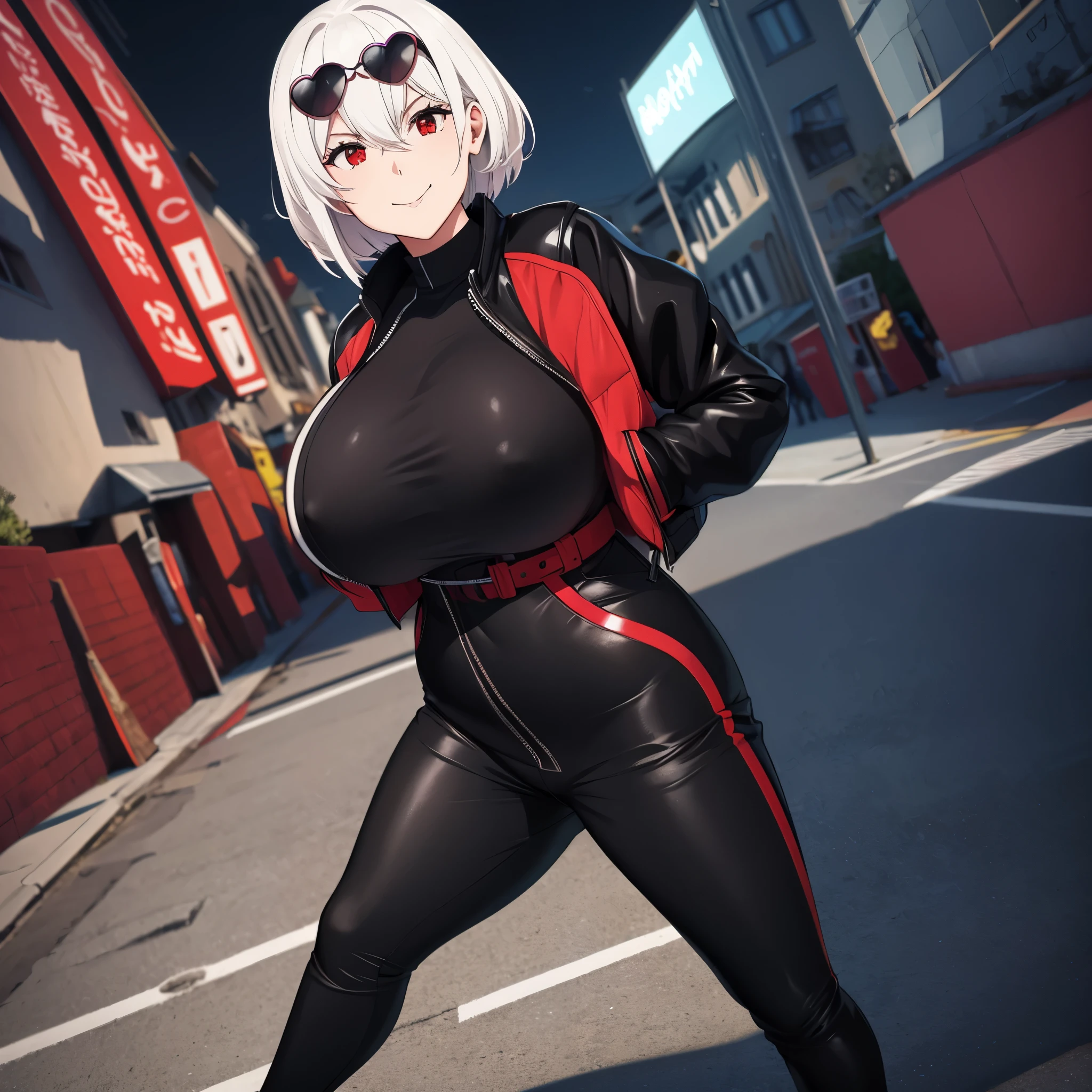 A woman wearing a black leather coat, black leather pants, wearing sunglasses, casual sneakers, walking on a London promenade, blurred background, red eyes, smiling, large breasts, short white hair. drop shadow, anaglyph, stereogram, tachi-e, point of view, atmospheric perspective, 8k, superdetail, accurate, best quality, award-winning, textured skin, high resolution, anatomically correct, bokeh effect, ((woman solo).
