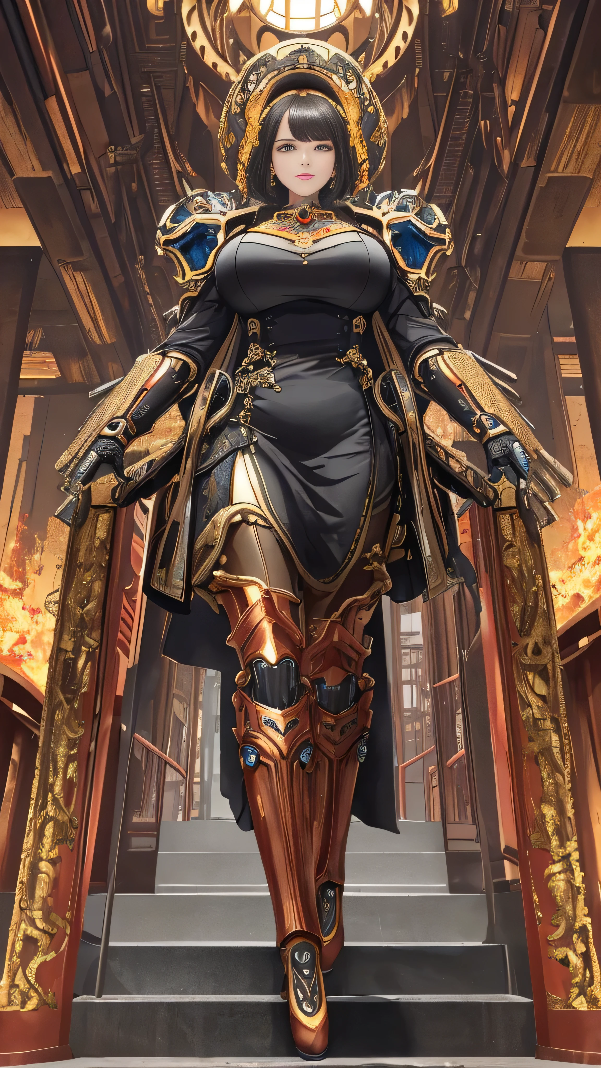 ((Masterpiece, best quality)), ultra-detailed 8K illustration, photorealistic and highly detailed presentation, sharp focus on every minute detail, professional lighting casting vibrant and iridescent colors.
An extreme long shot of a colossal factory, its towering smokestacks and sprawling mechanical structures radiating a warm, glowing hue. The scene focuses on a large mechanical robot under construction, a symphony of intricate details that highlight its shitu-mecha design. Amidst the chaos of gears turning and metal clinking, a solitary girl stands before the audience, captivating them with her own unique charm. Clad in a simple dress, she exhibits