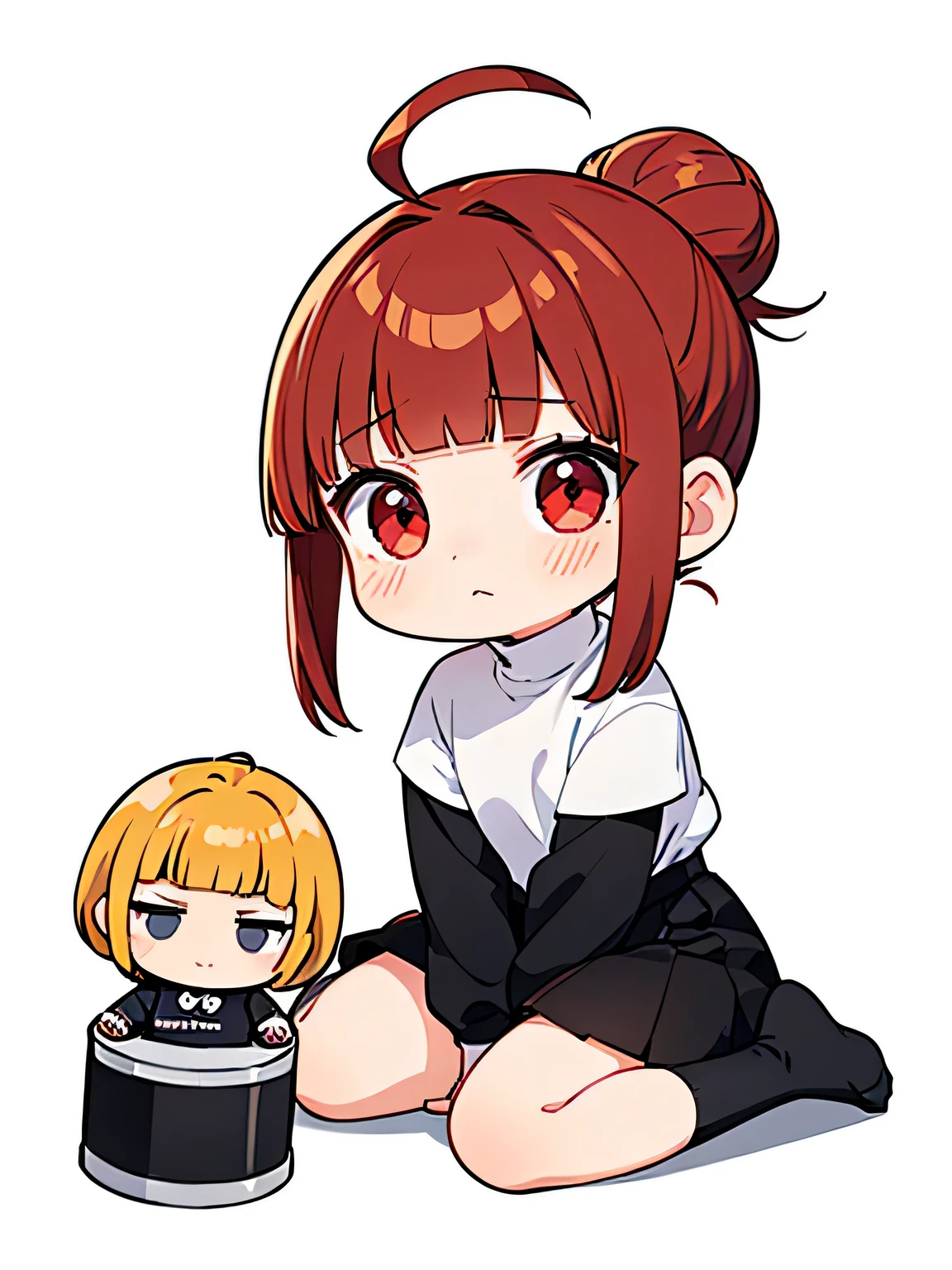 best quality,detailed,1 female, teenagers,(ash copper hair),(((single chignon hairstyle))) , ahoge , oversized white sweatshirts on tight black turtleneck inner wear , short length black skirts , gray sneaker , white ankle socks , slender style,(facing the front),((cheeks turn red)),((shy expression)),((( chibi character ))), full body,toes,from front,deep red eyes , (((blunt bangs)))  , solid color white background , sitting on the floor