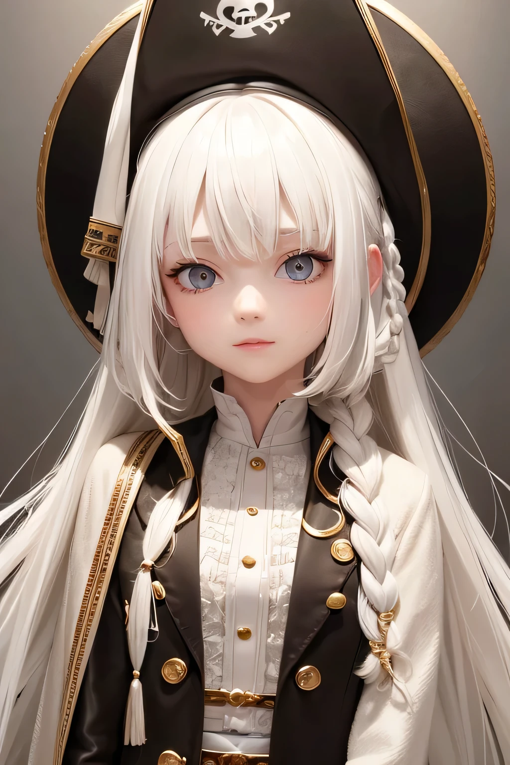 best quality, masterpiece,white hair, Golden Eyes,White clothes, look up, Upper Body,Hair,White skin,Side Braid, wearing pirate hat