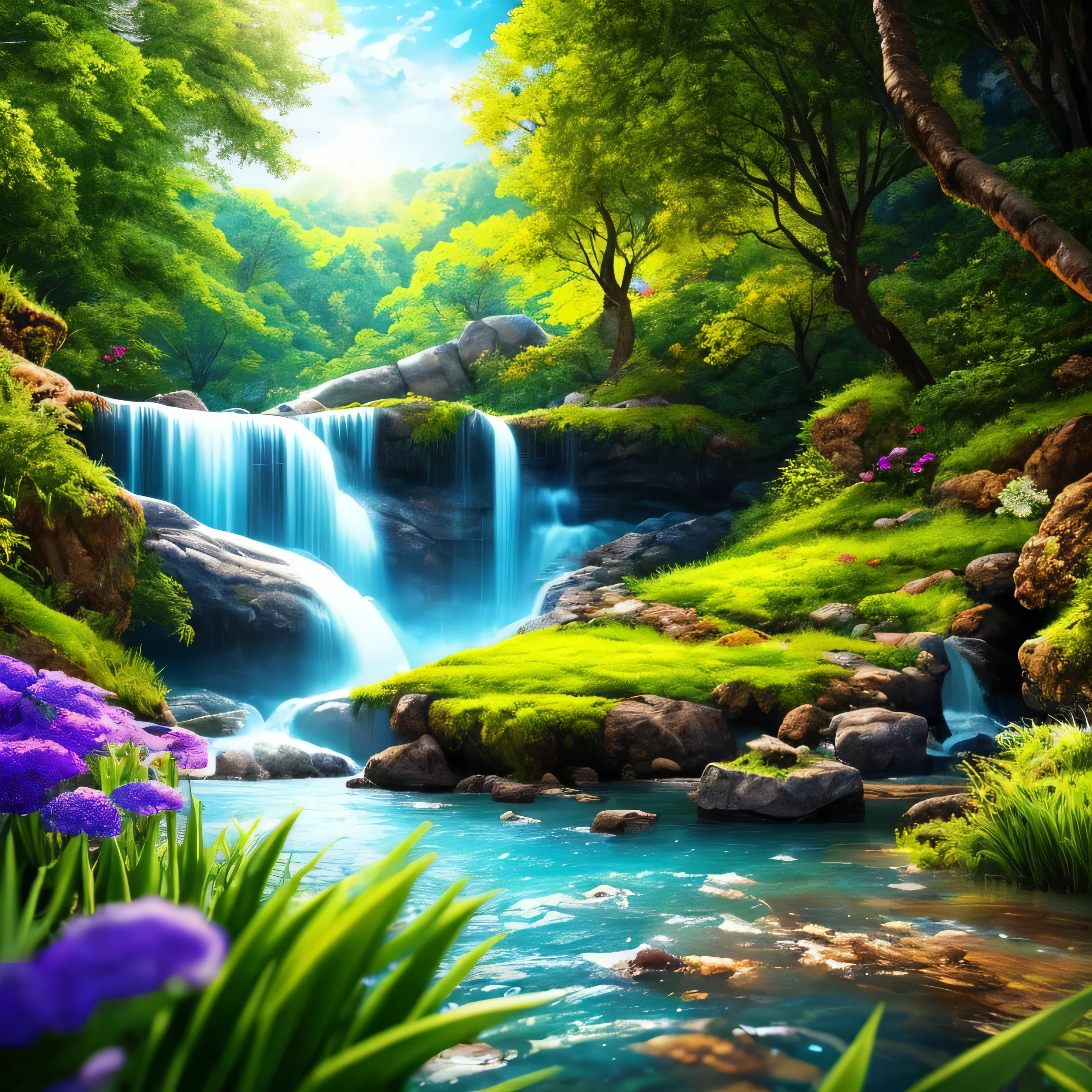 masterpiece, 最high quality, high quality, Very detailed CG unity 8k wallpaper, Vibrant colors、Colorful flowers、waterfall、rain、rain、rain、an extremely colorful and pure fantasy environment, bright green grass landscape, colorful trees々々, Shining Fruit, Bright blue flowers. The color of the river is deep blue, The air is filled with sweet exotic scents. The environment is like a dream, Award-winning photography, Bokeh, Written boundary depth, High resolution, bloom, chromatic aberration ,Realistic,Very detailed, Trending on Art Station, CGSociety Trends, Complex, Attention to detail, dramatic, art：The middle of a journey