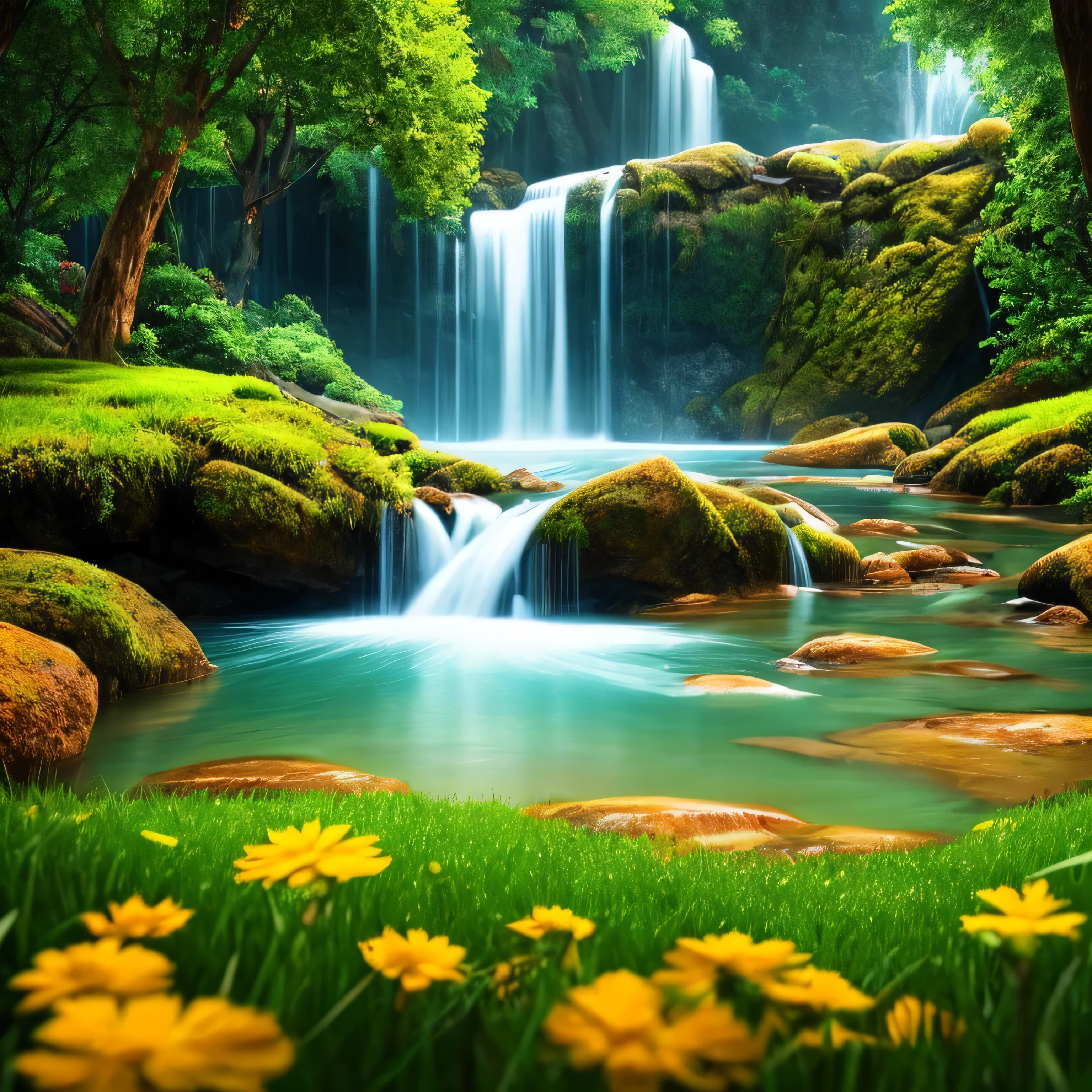 masterpiece, 最high quality, high quality, Very detailed CG unity 8k wallpaper, Vibrant colors、Colorful flowers、waterfall、rain、rain、rain、an extremely colorful and pure fantasy environment, bright green grass landscape, colorful trees々々, Shining Fruit, Bright blue flowers. The color of the river is deep blue, The air is filled with sweet exotic scents. The environment is like a dream, Award-winning photography, Bokeh, Written boundary depth, High resolution, bloom, chromatic aberration ,Realistic,Very detailed, Trending on Art Station, CGSociety Trends, Complex, Attention to detail, dramatic, art：The middle of a journey