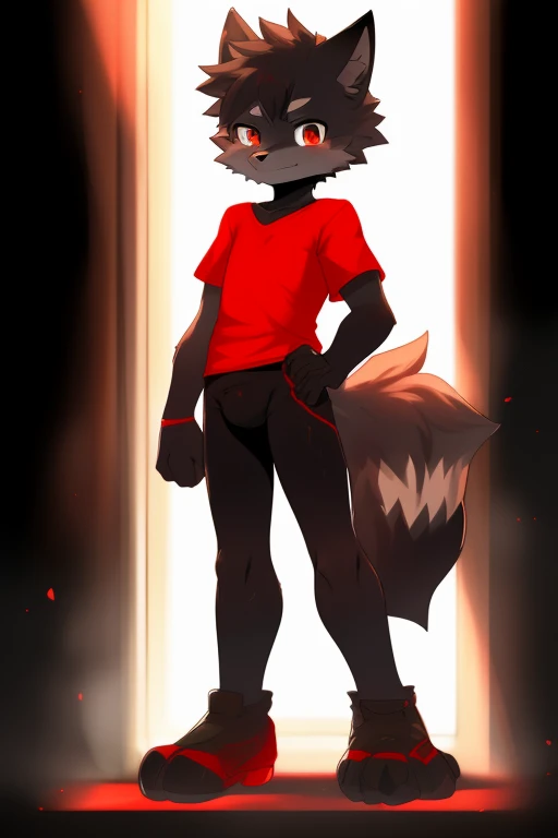 Furry wolf,((Shota)), black spandex tights, red shirt, solo, standing