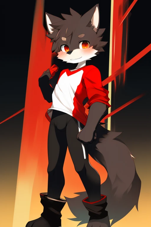 Furry wolf,((Shota)), black spandex tights, red shirt, solo, standing 