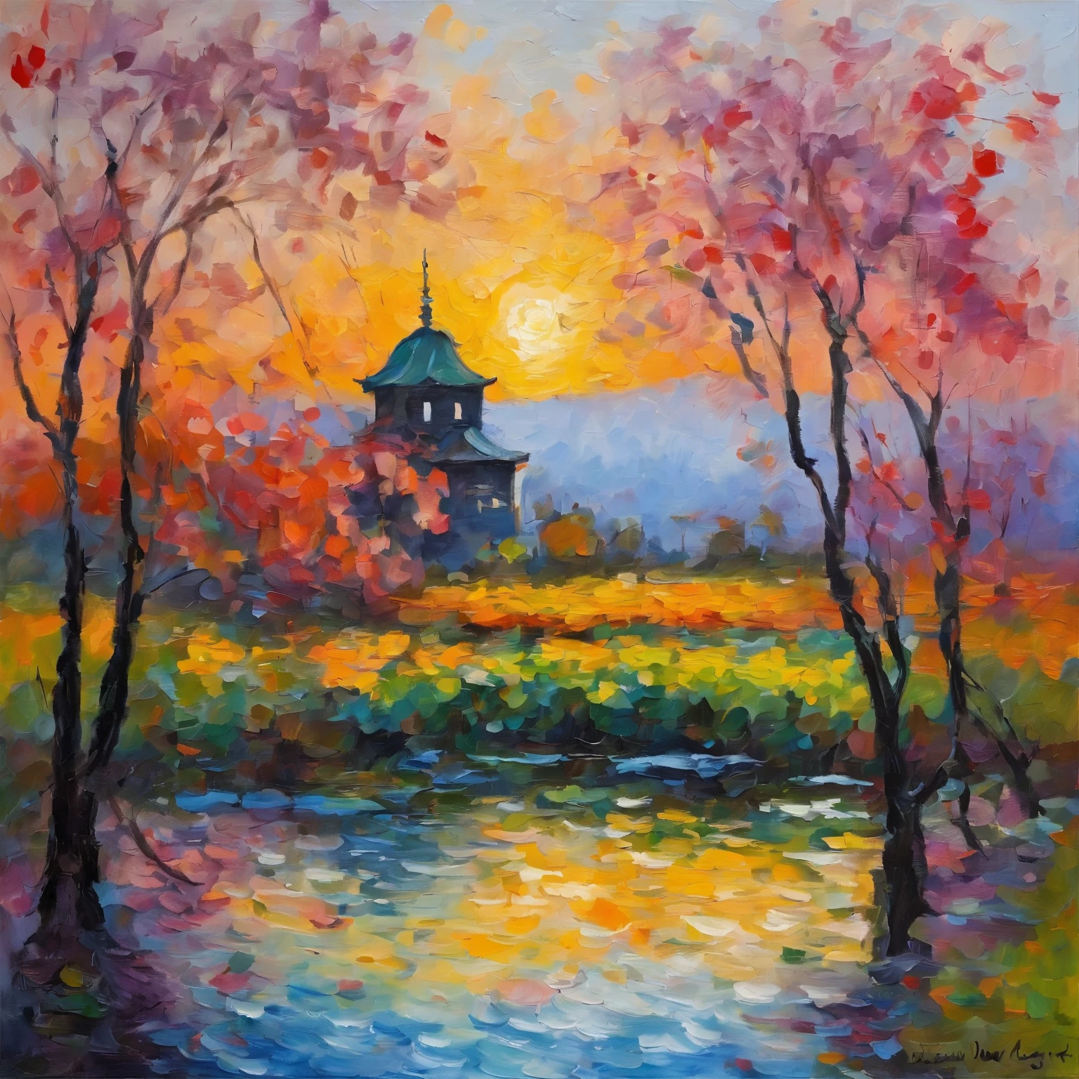 Claude Monet Style、Draw what kind of picture Claude Monet would have painted if he had visited Japan in 1900 and painted a Japanese castle town.