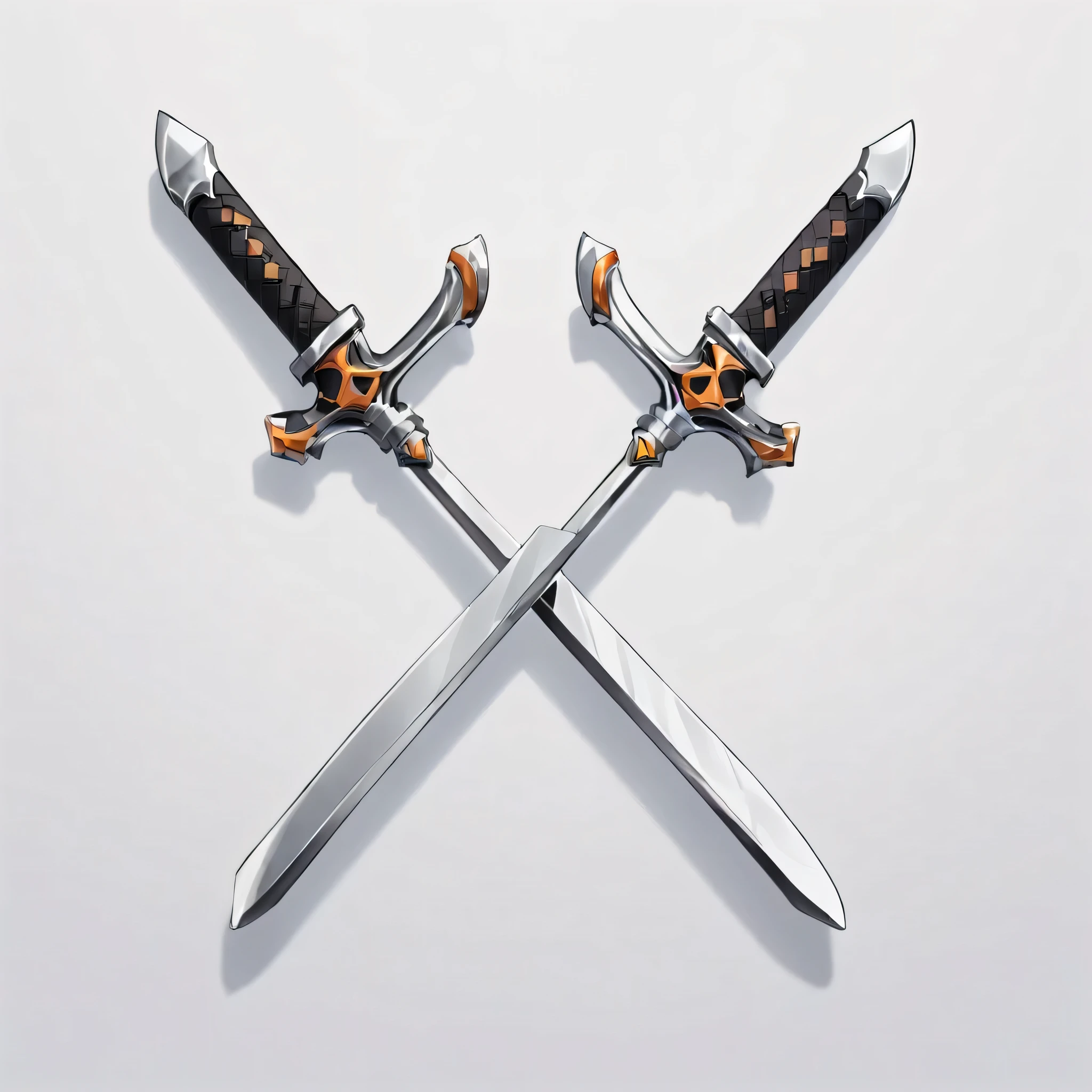 masterpiece, best quality, official digital art, 2D icon to be used for a card game, the icon is 2 short swords that cross each other, the 2 swords should cross each other at the middle, the swords are shiny and metallic silver, the swords are very simple and not fancy or overly decorated, the swords do not have extra spikes coming out of them, White background, 8k, anime-inspired style, no people, no humans